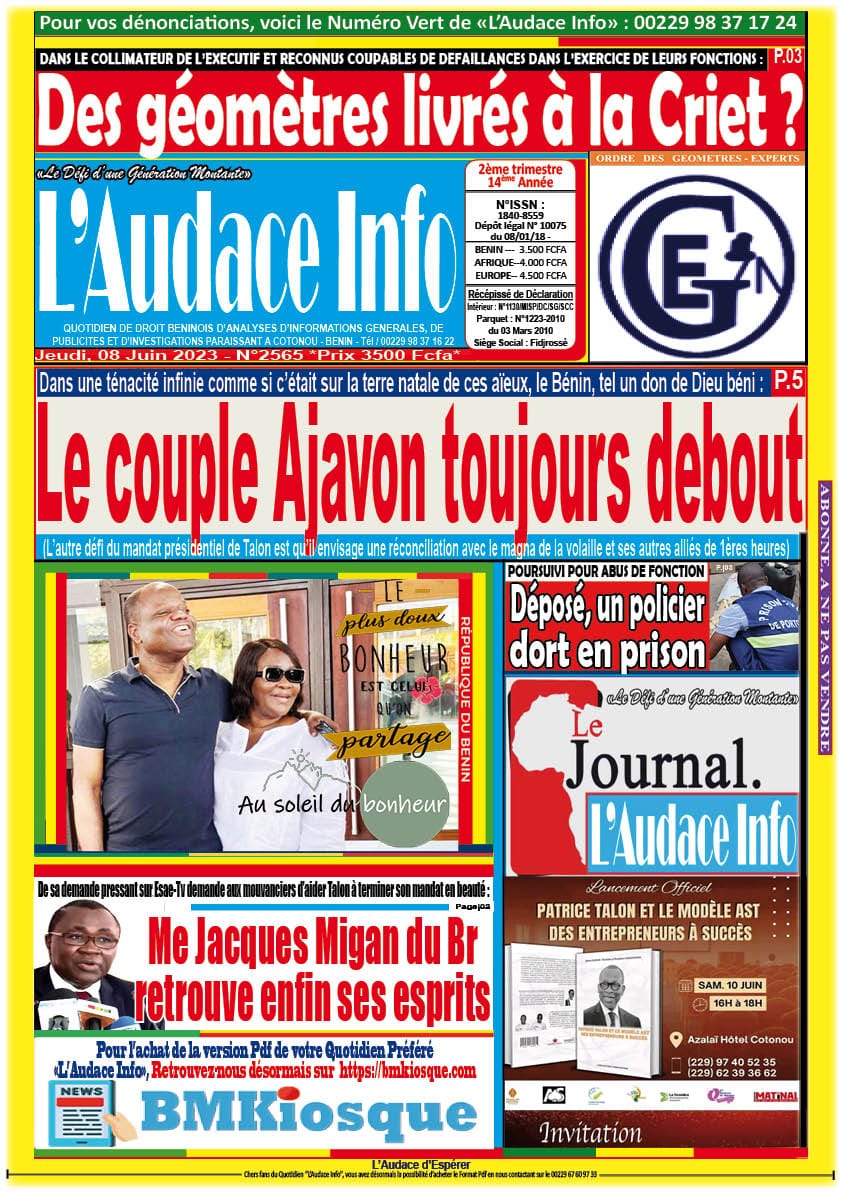 Quotidien de droit béninois L'Audace Infos du Jeudi, 08 Juin 2023