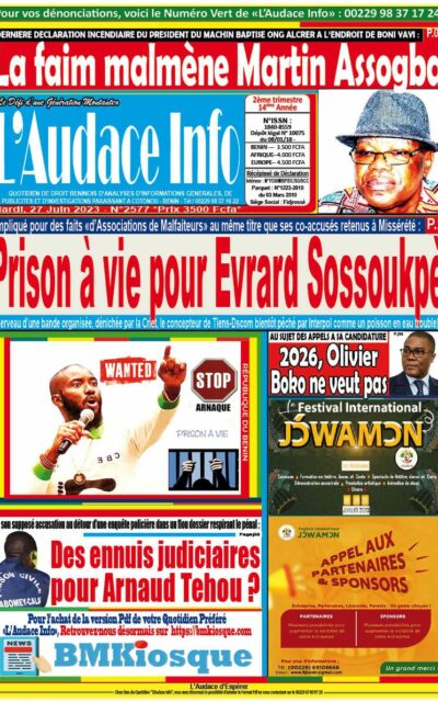 Quotidien de droit béninois L'Audace Infos du Mardi, 27 Juin 2023