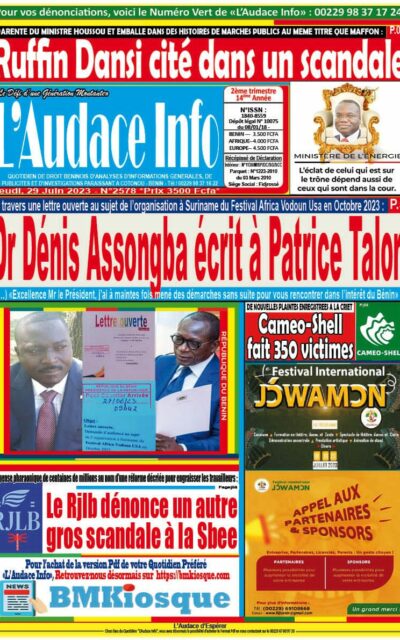 Quotidien de droit béninois L'Audace Infos du Jeudi, 29 Juin 2023