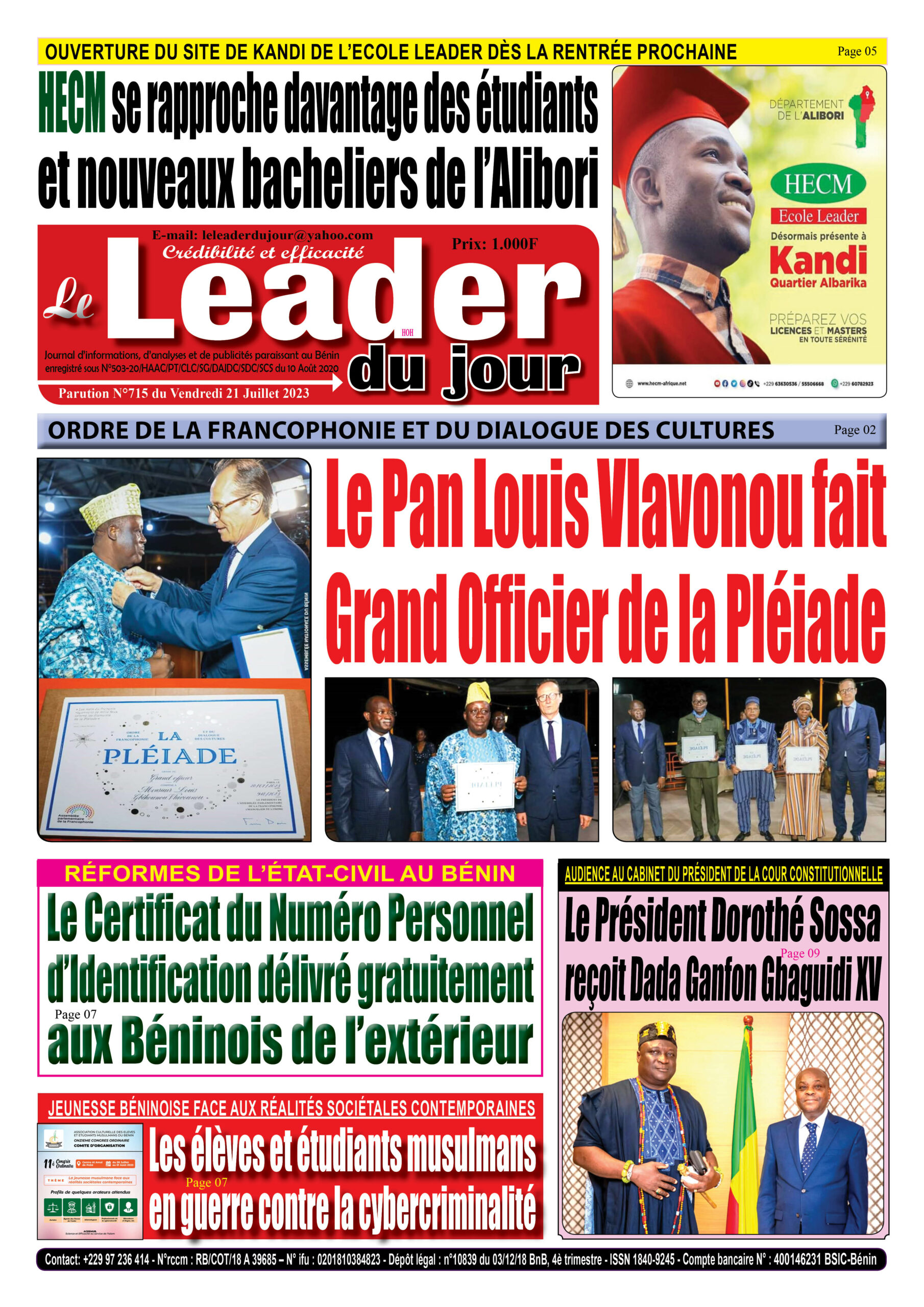 Le Leader du Jour, parution du Vendredi 21 Juillet 2023