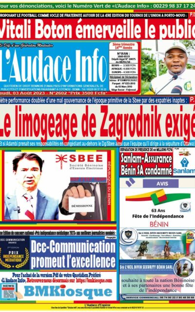 Quotidien de droit béninois L'Audace Infos du Jeudi, 03 Août 2023