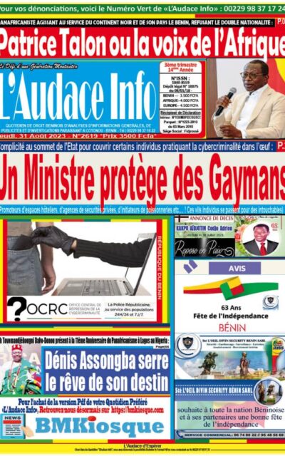 Quotidien de droit béninois L'Audace Infos du Vendredi, 31 Août 2023