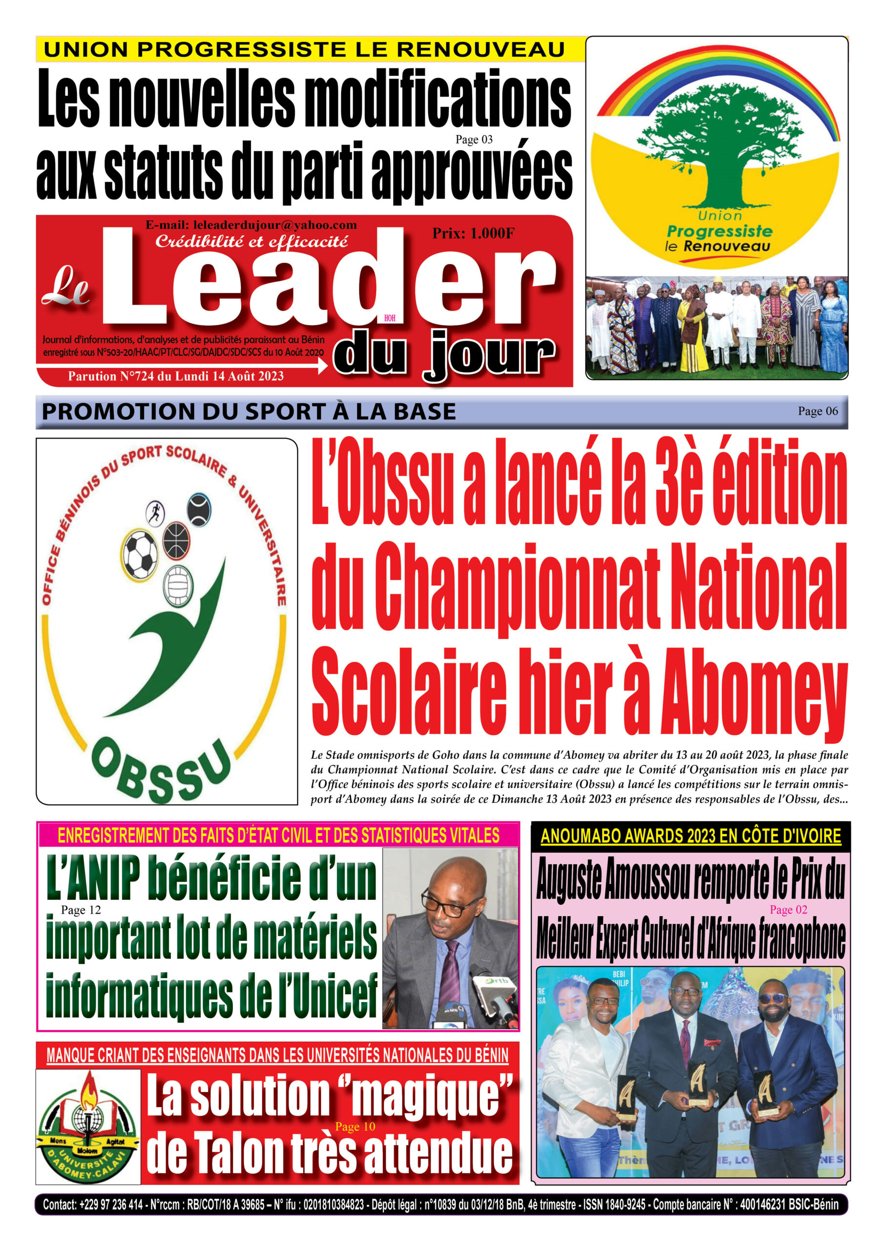 Le Leader du Jour, parution de ce Lundi 14 Août