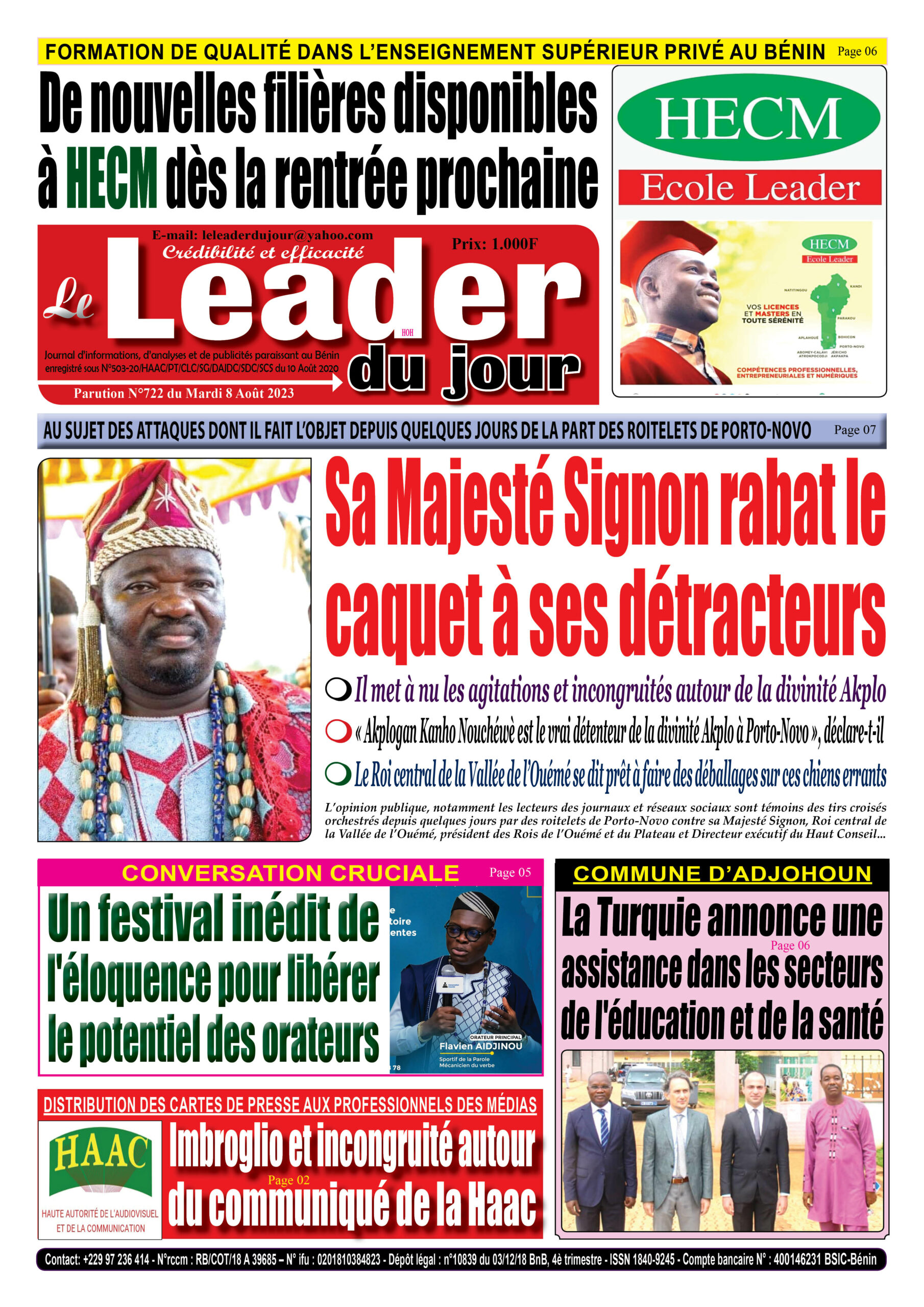 Le Leader du Jour, parution de ce Mardi 8 Août